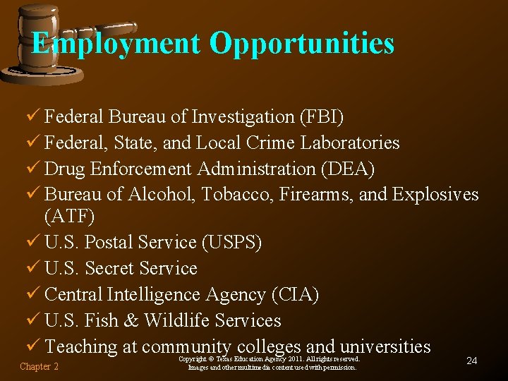 Employment Opportunities ü Federal Bureau of Investigation (FBI) ü Federal, State, and Local Crime