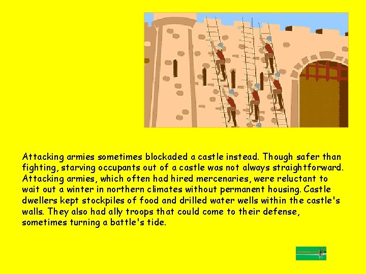 Attacking armies sometimes blockaded a castle instead. Though safer than fighting, starving occupants out