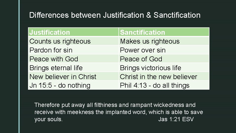 z Differences between Justification & Sanctification Justification Counts us righteous Pardon for sin Peace