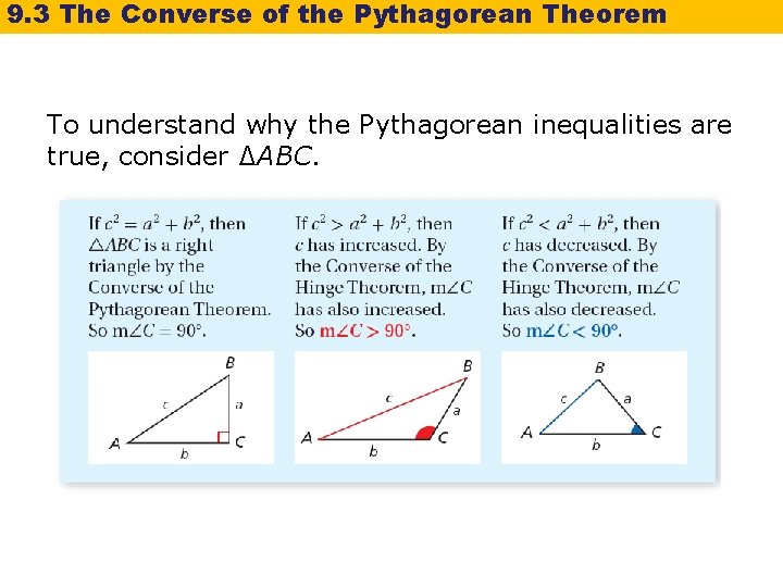 9. 3 The Converse of the Pythagorean Theorem To understand why the Pythagorean inequalities