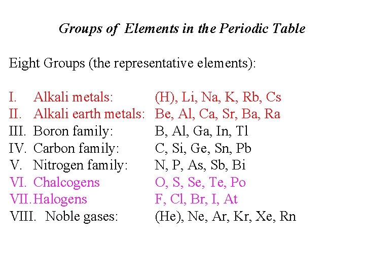 Groups of Elements in the Periodic Table Eight Groups (the representative elements): I. Alkali