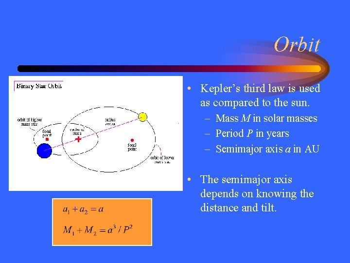 Orbit • Kepler’s third law is used as compared to the sun. – Mass