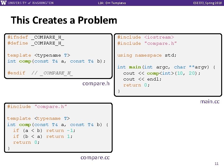 L 14: C++ Templates CSE 333, Spring 2020 This Creates a Problem #ifndef _COMPARE_H_