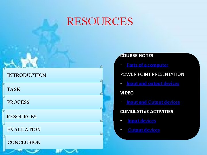 RESOURCES COURSE NOTES • Parts of a computer INTRODUCTION POWER POINT PRESENTATION • Input
