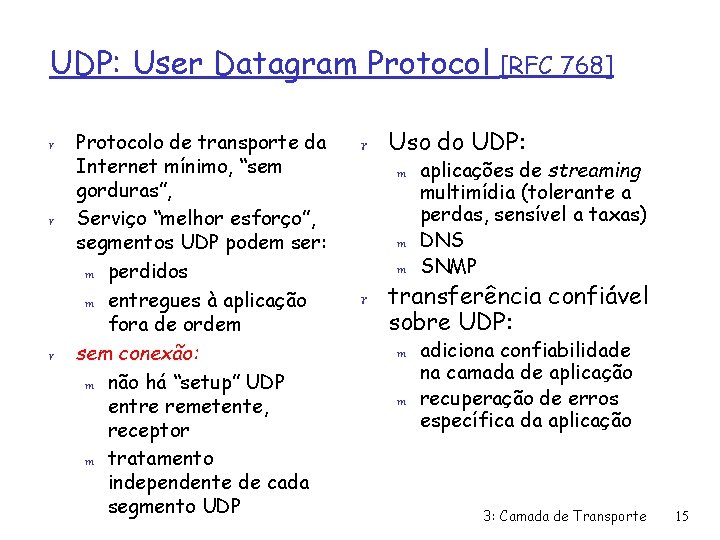 UDP: User Datagram Protocol r r r Protocolo de transporte da Internet mínimo, “sem