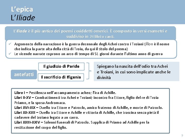 L’epica L’Iliade è il più antico dei poemi cosiddetti omerici. È composto in versi