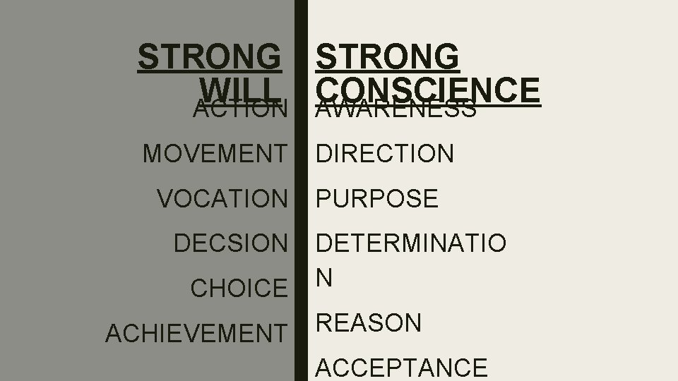 STRONG WILL CONSCIENCE ACTION AWARENESS MOVEMENT VOCATION DECSION CHOICE ACHIEVEMENT DIRECTION PURPOSE DETERMINATIO N