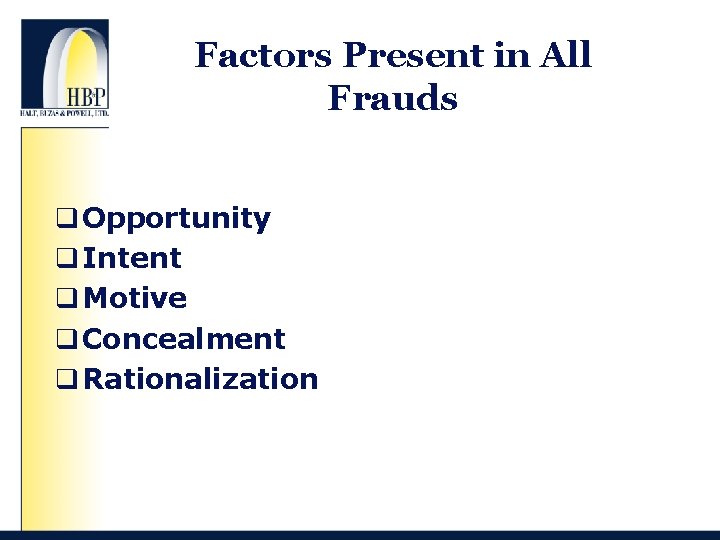 Factors Present in All Frauds q Opportunity q Intent q Motive q Concealment q