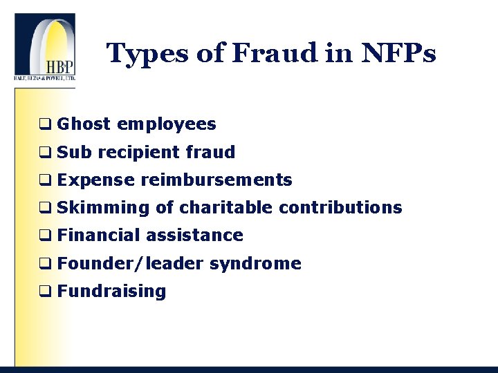 Types of Fraud in NFPs q Ghost employees q Sub recipient fraud q Expense
