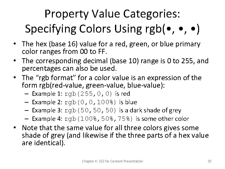 Property Value Categories: Specifying Colors Using rgb( • , • ) • The hex