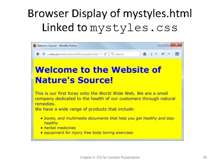 Browser Display of mystyles. html Linked to mystyles. css Chapter 4: CSS for Content