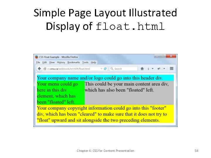 Simple Page Layout Illustrated Display of float. html Chapter 4: CSS for Content Presentation