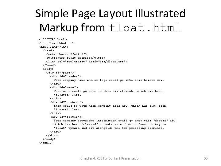 Simple Page Layout Illustrated Markup from float. html <!DOCTYPE html> <!-- float. html -->