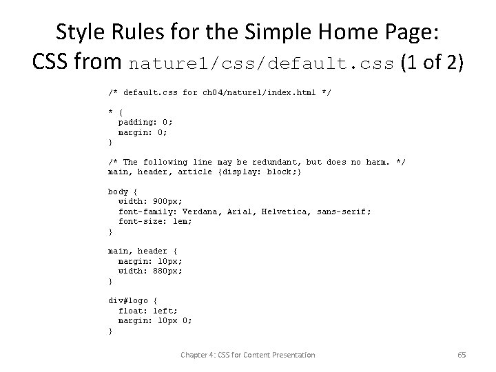Style Rules for the Simple Home Page: CSS from nature 1/css/default. css (1 of