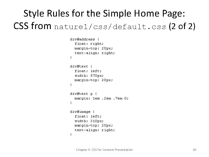 Style Rules for the Simple Home Page: CSS from nature 1/css/default. css (2 of
