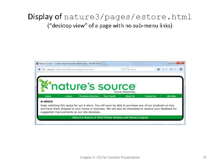 Display of nature 3/pages/estore. html (“desktop view” of a page with no sub-menu links)