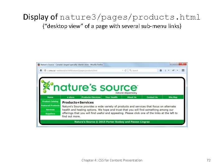 Display of nature 3/pages/products. html (“desktop view” of a page with several sub-menu links)