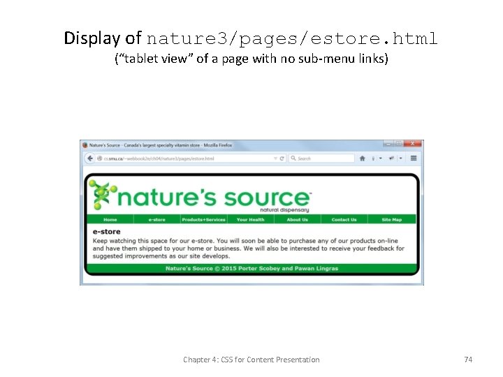 Display of nature 3/pages/estore. html (“tablet view” of a page with no sub-menu links)