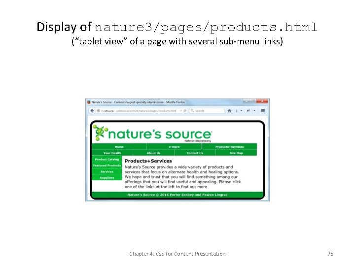 Display of nature 3/pages/products. html (“tablet view” of a page with several sub-menu links)