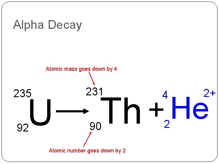 Alpha Decay Atomic mass goes down by 4 235 231 4 92 90 2