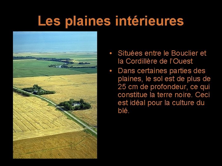 Les plaines intérieures • Situées entre le Bouclier et la Cordillère de l’Ouest •