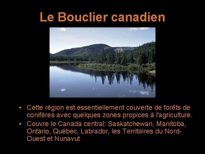 Le Bouclier canadien • Cette région est essentiellement couverte de forêts de conifères avec