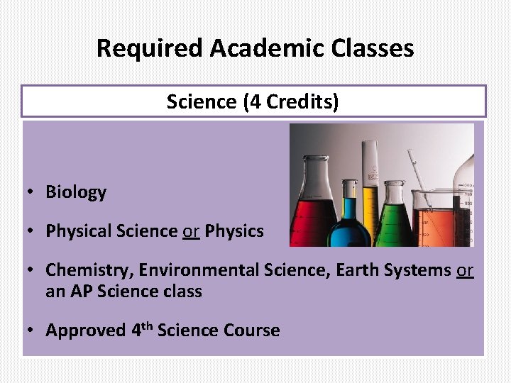 Required Academic Classes Science (4 Credits) • Biology • Physical Science or Physics •