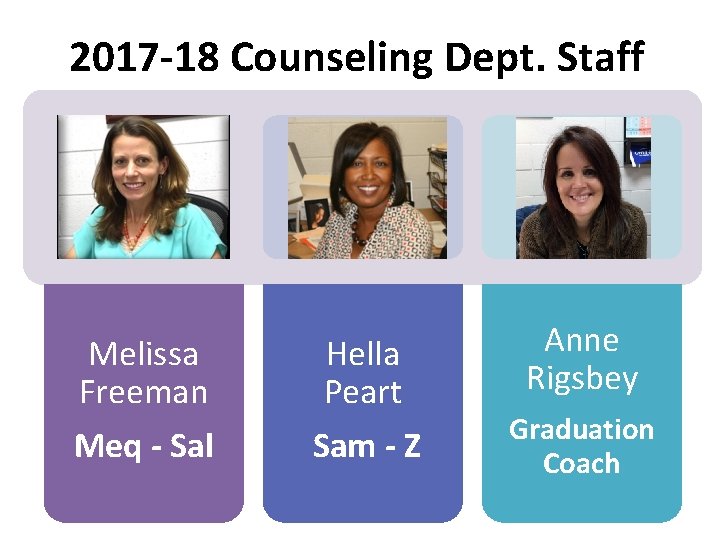 2017 -18 Counseling Dept. Staff Melissa Freeman Meq - Sal Hella Peart Sam -