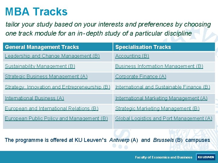 MBA Tracks tailor your study based on your interests and preferences by choosing one