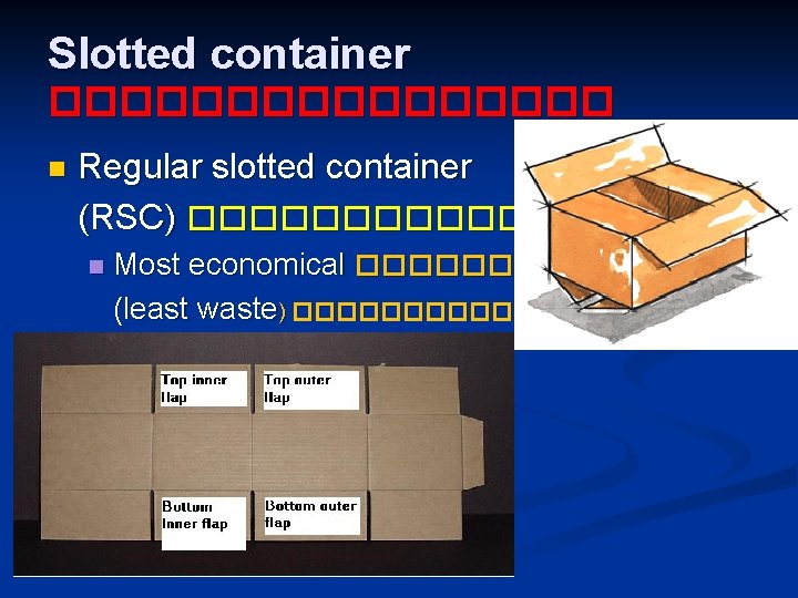 Slotted container �������� n Regular slotted container (RSC) �������� n Most economical ������� (least