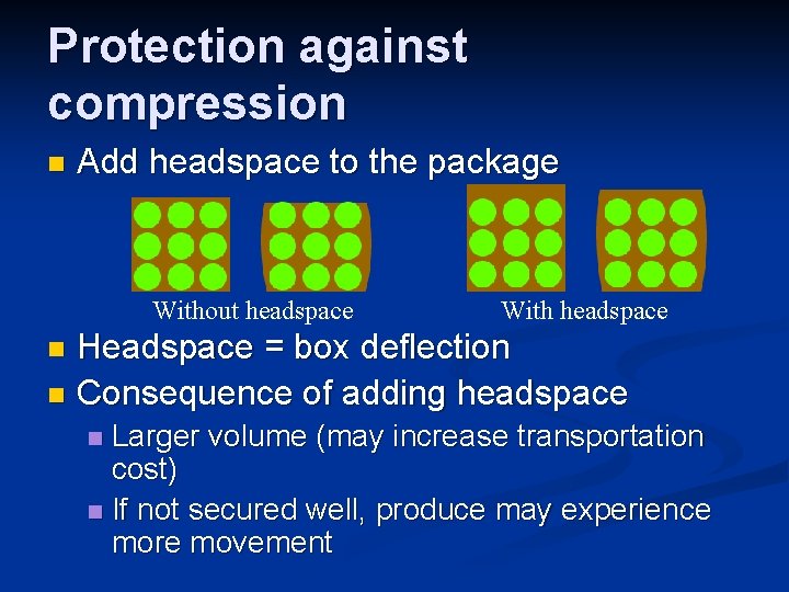 Protection against compression n Add headspace to the package Without headspace With headspace Headspace