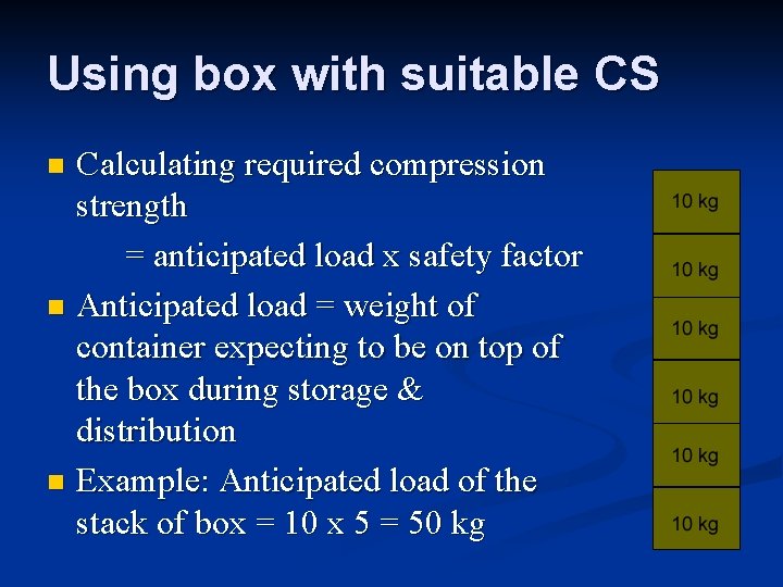Using box with suitable CS Calculating required compression strength = anticipated load x safety