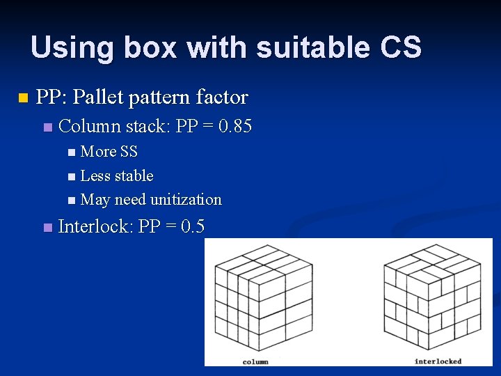 Using box with suitable CS n PP: Pallet pattern factor n Column stack: PP