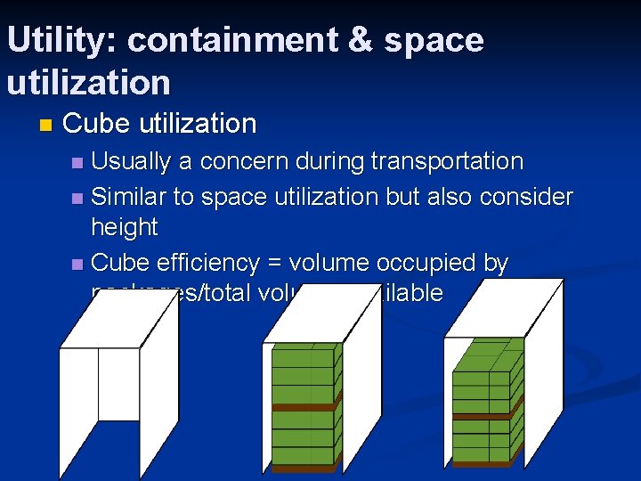 Utility: containment & space utilization n Cube utilization Usually a concern during transportation n