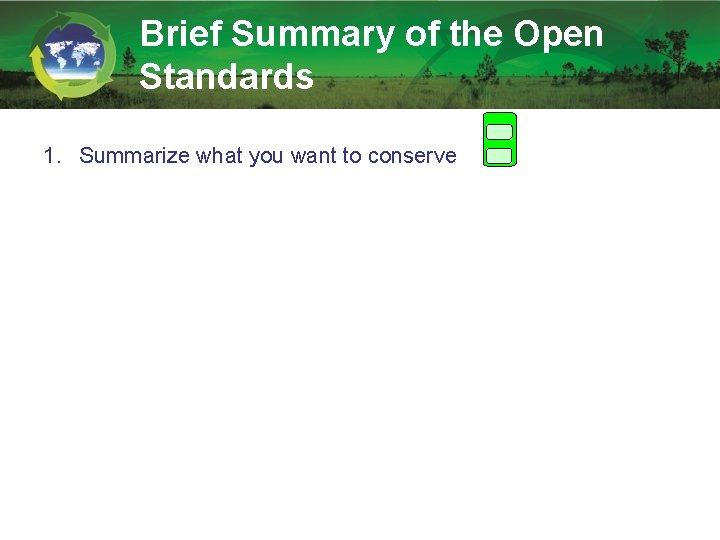 Brief Summary of the Open Standards 1. Summarize what you want to conserve 