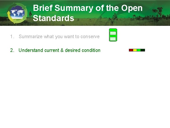 Brief Summary of the Open Standards 1. Summarize what you want to conserve 2.