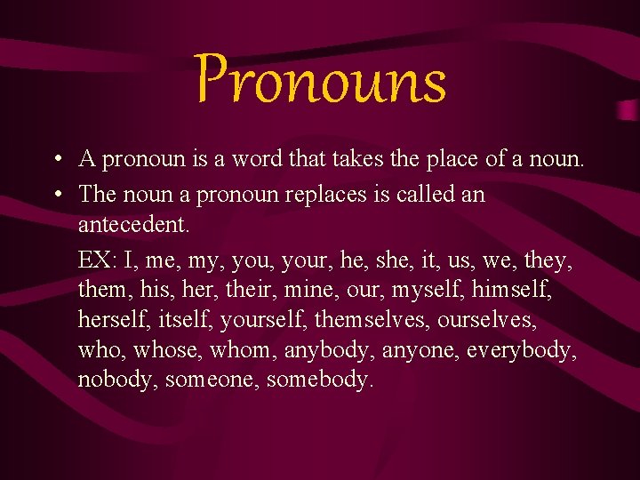 Pronouns • A pronoun is a word that takes the place of a noun.