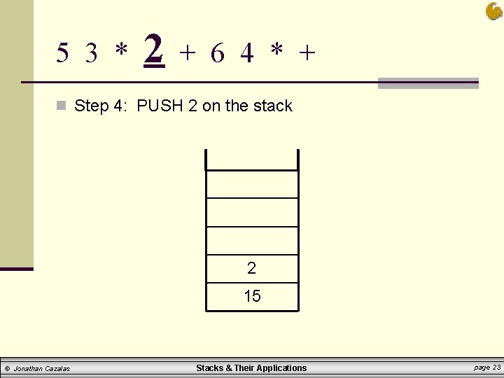 5 3 * 2 + 6 4 * + n Step 4: PUSH 2 5 3 * 2 + 6 4 * + n Step 4: PUSH 2