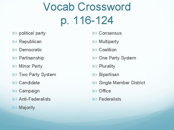 Vocab Crossword p. 116 -124 political party Consensus Republican Multiparty Democratic Coalition Partisanship One