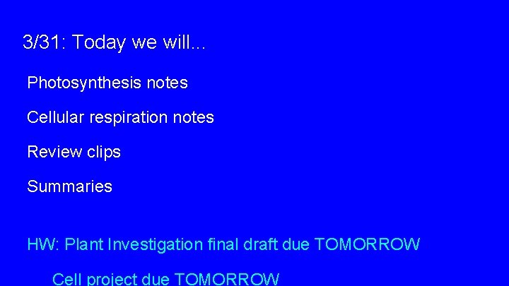 3/31: Today we will. . . Photosynthesis notes Cellular respiration notes Review clips Summaries