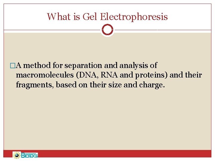 What is Gel Electrophoresis �A method for separation and analysis of macromolecules (DNA, RNA