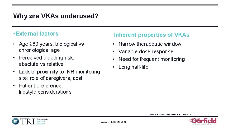 Why are VKAs underused? • External factors Inherent properties of VKAs • Age ≥