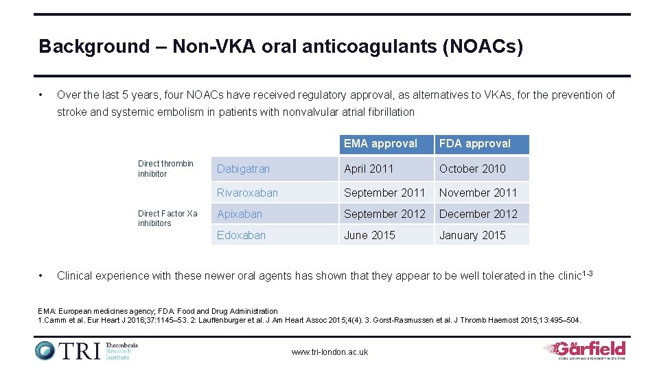 Background – Non-VKA oral anticoagulants (NOACs) • Over the last 5 years, four NOACs