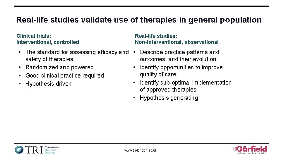 Real-life studies validate use of therapies in general population Clinical trials: Interventional, controlled Real-life