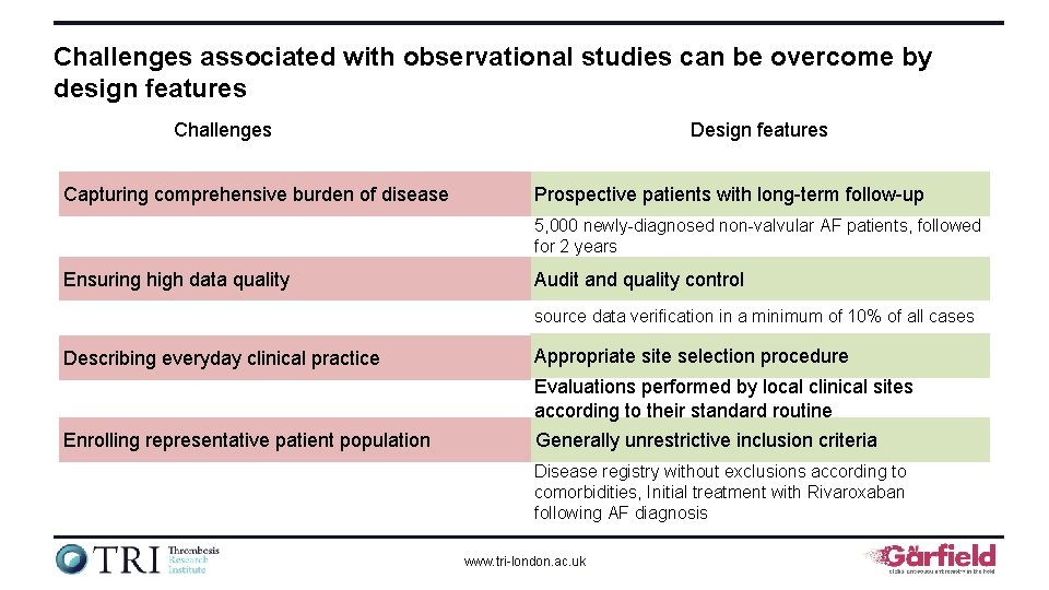 Challenges associated with observational studies can be overcome by design features Challenges Capturing comprehensive