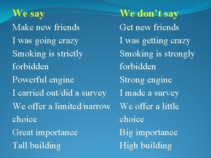 We say We don’t say Make new friends I was going crazy Smoking is