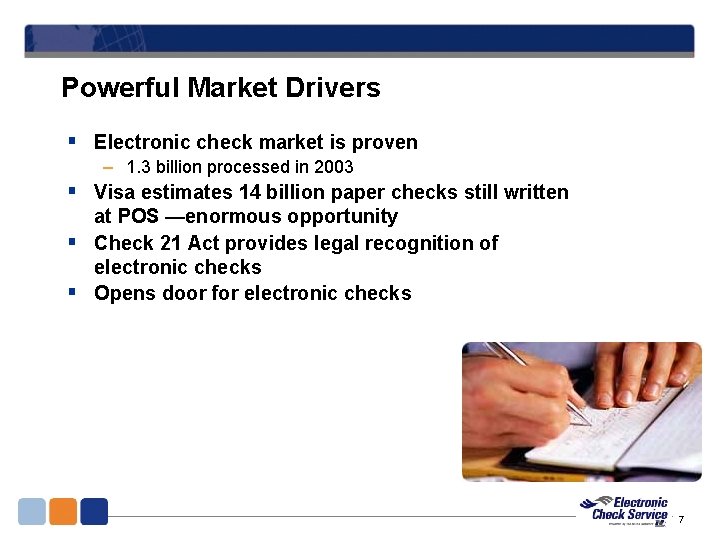 Powerful Market Drivers § Electronic check market is proven – 1. 3 billion processed Powerful Market Drivers § Electronic check market is proven – 1. 3 billion processed