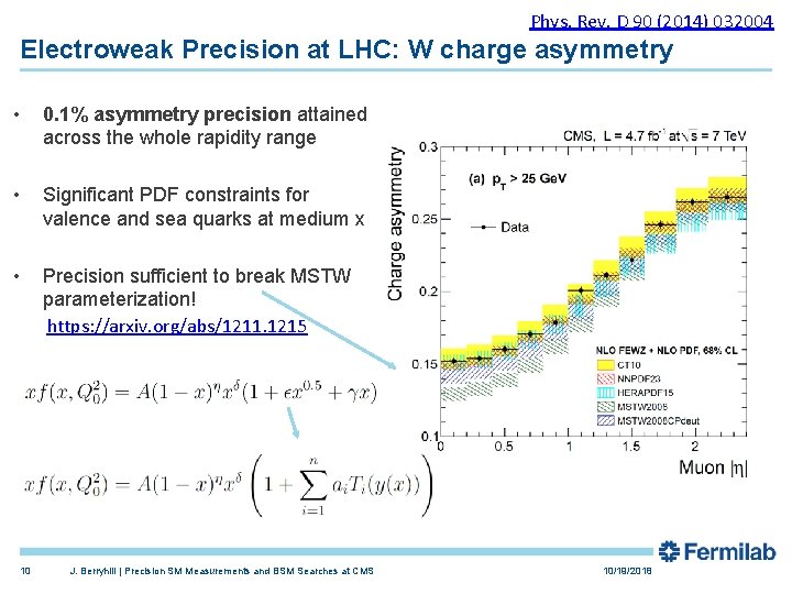 Phys. Rev. D 90 (2014) 032004 Electroweak Precision at LHC: W charge asymmetry •