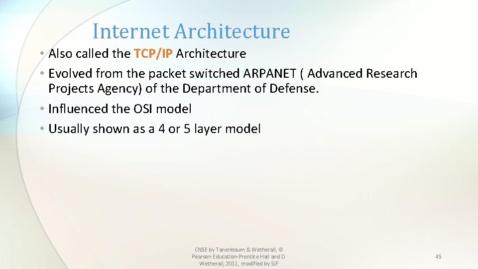 Internet Architecture • Also called the TCP/IP Architecture • Evolved from the packet switched