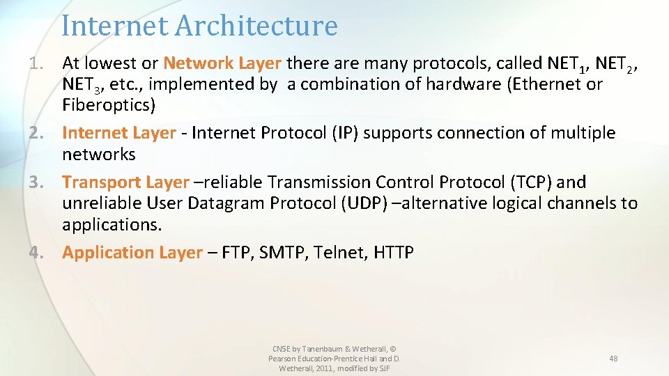 Internet Architecture 1. At lowest or Network Layer there are many protocols, called NET